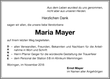 Traueranzeige von Maria Mayer von Memminger Zeitung