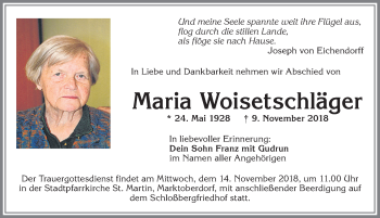 Traueranzeige von Maria Woisetschläger von Allgäuer Zeitung, Marktoberdorf