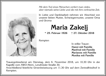 Traueranzeige von Maria Zakelj von Allgäuer Zeitung,Kempten