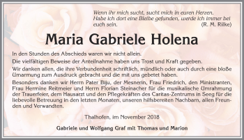 Traueranzeige von Maria Gabriele Holena von Allgäuer Zeitung, Marktoberdorf