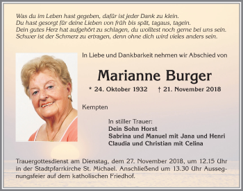Traueranzeige von Marianne Burger von Allgäuer Zeitung,Kempten