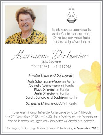 Traueranzeige von Marianne Dirlmeier von Memminger Zeitung