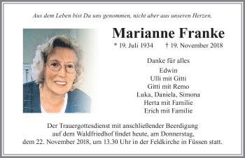 Traueranzeige von Marianne Franke von Allgäuer Zeitung, Füssen