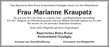 Traueranzeige von Marianne Kraupatz von Allgäuer Zeitung, Marktoberdorf