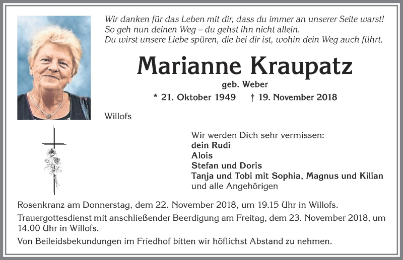  Traueranzeige für Marianne Kraupatz vom 21.11.2018 aus Allgäuer Zeitung