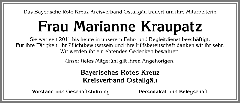  Traueranzeige für Marianne Kraupatz vom 22.11.2018 aus Allgäuer Zeitung, Marktoberdorf