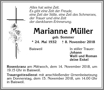 Traueranzeige von Marianne Müller von Allgäuer Zeitung, Kaufbeuren/Buchloe