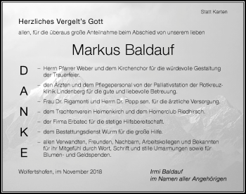 Traueranzeige von Markus Baldauf von Der Westallgäuer