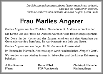 Traueranzeige von Marlies Angerer von Allgäuer Zeitung, Kaufbeuren/Buchloe