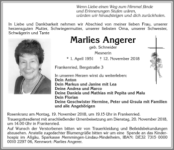 Traueranzeige von Marlies Angerer von Allgäuer Zeitung, Kaufbeuren/Buchloe
