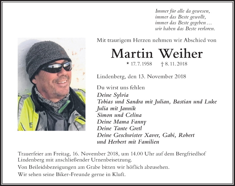  Traueranzeige für Martin Weiher vom 13.11.2018 aus Der Westallgäuer