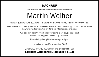 Traueranzeige von Martin Weiher von Der Westallgäuer