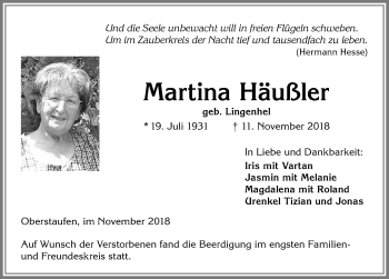Traueranzeige von Martina Häußler von Allgäuer Anzeigeblatt