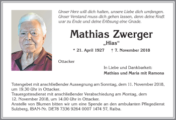 Traueranzeige von Mathias Zwerger von Allgäuer Zeitung