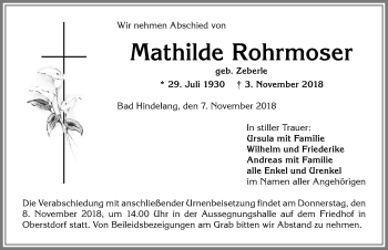 Traueranzeige von Mathilde Rohrmoser von Allgäuer Anzeigeblatt