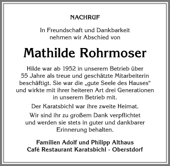 Traueranzeige von Mathilde Rohrmoser von Allgäuer Anzeigeblatt