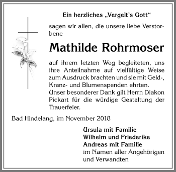Traueranzeige von Mathilde Rohrmoser von Allgäuer Anzeigeblatt