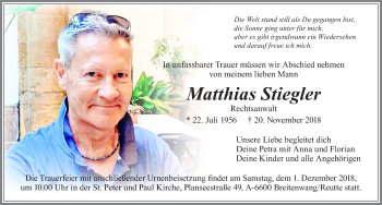 Traueranzeige von Matthias Stiegler von Allgäuer Zeitung, Füssen