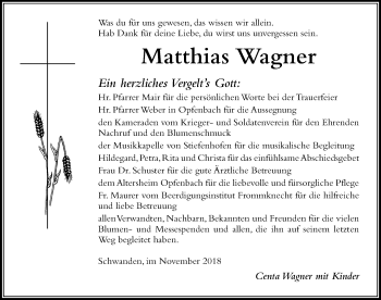 Traueranzeige von Matthias Wagner von Der Westallgäuer