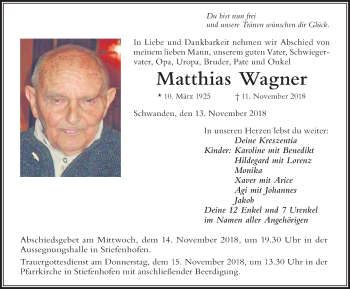 Traueranzeige von Matthias Wagner von Der Westallgäuer
