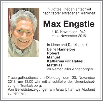 Traueranzeige von Max Engstle von Memminger Zeitung