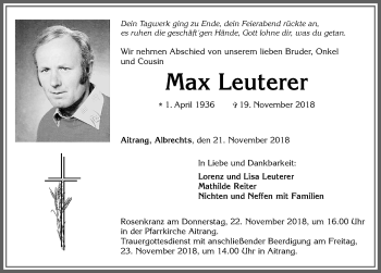 Traueranzeige von Max Leuterer von Allgäuer Zeitung, Marktoberdorf