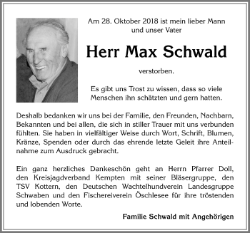 Traueranzeige von Max Schwald von Allgäuer Zeitung,Kempten