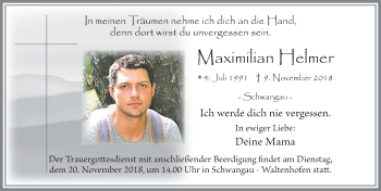 Traueranzeige von Maximilian Helmer von Allgäuer Zeitung, Füssen