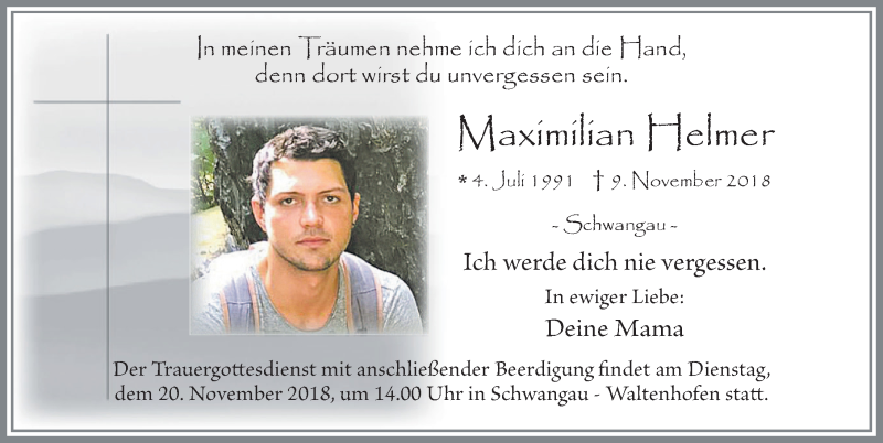  Traueranzeige für Maximilian Helmer vom 16.11.2018 aus Allgäuer Zeitung, Füssen
