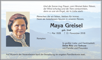 Traueranzeige von Maya Greisel von Allgäuer Zeitung,Kempten