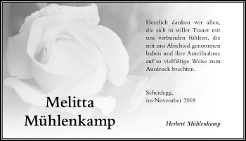 Traueranzeige von Melitta Mühlenkamp von Der Westallgäuer