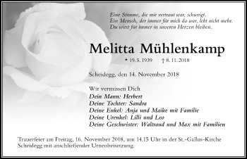 Traueranzeige von Melitta Mühlenkamp von Der Westallgäuer