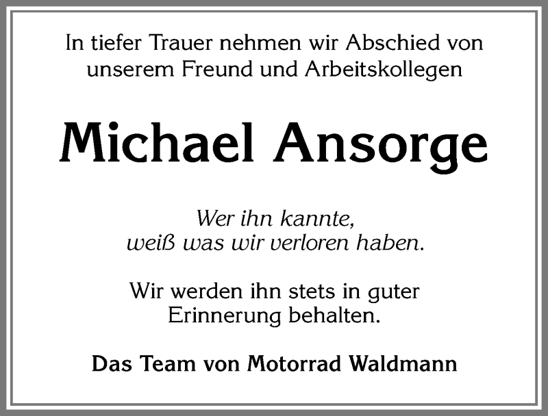  Traueranzeige für Michael Ansorge vom 17.11.2018 aus Allgäuer Zeitung