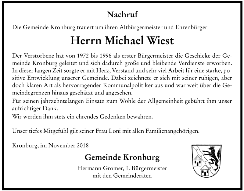  Traueranzeige für Michael Wiest vom 30.11.2018 aus Memminger Zeitung