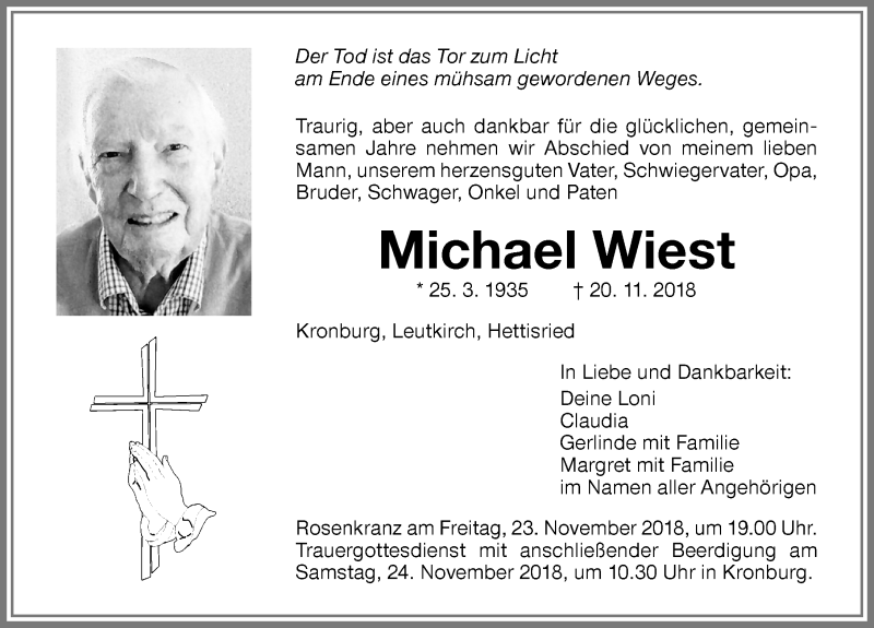  Traueranzeige für Michael Wiest vom 22.11.2018 aus Memminger Zeitung