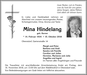 Traueranzeige von Mina Hindelang von Allgäuer Anzeigeblatt