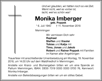 Traueranzeige von Monika Imberger von Memminger Zeitung