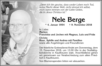 Traueranzeige von Nele Berge von Allgäuer Zeitung, Kaufbeuren/Buchloe