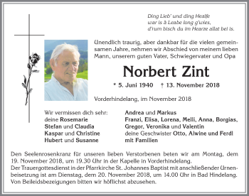 Traueranzeige von Norbert Zint von Allgäuer Anzeigeblatt