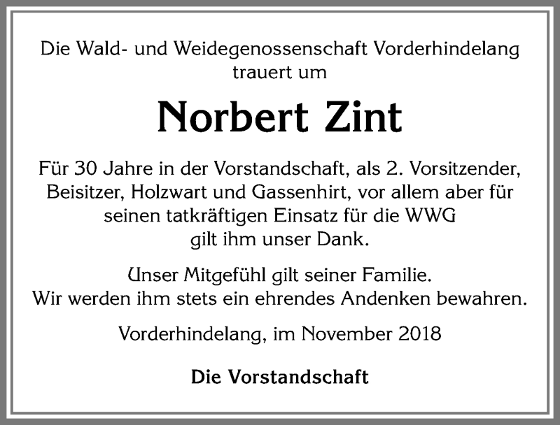  Traueranzeige für Norbert Zint vom 17.11.2018 aus Allgäuer Anzeigeblatt