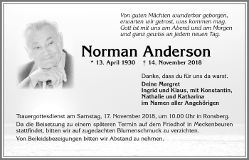 Traueranzeige von Norman Anderson von Allgäuer Zeitung, Marktoberdorf