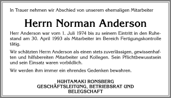 Traueranzeige von Norman Anderson von Allgäuer Zeitung, Marktoberdorf