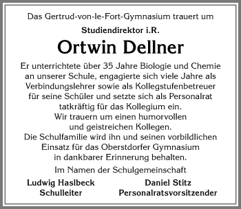 Traueranzeige von Ortwin Dellner von Allgäuer Anzeigeblatt