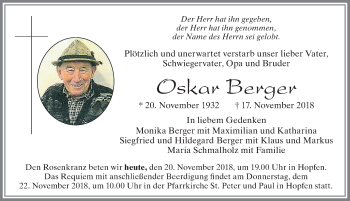 Traueranzeige von Oskar Berger von Allgäuer Zeitung, Füssen
