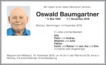 Traueranzeige von Oswald Baumgartner von Allgäuer Zeitung