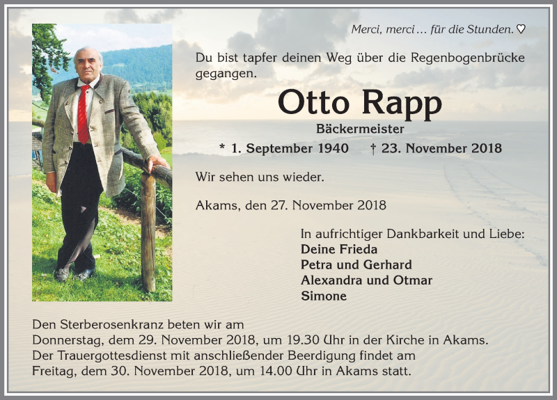  Traueranzeige für Otto Rapp vom 27.11.2018 aus Allgäuer Anzeigeblatt