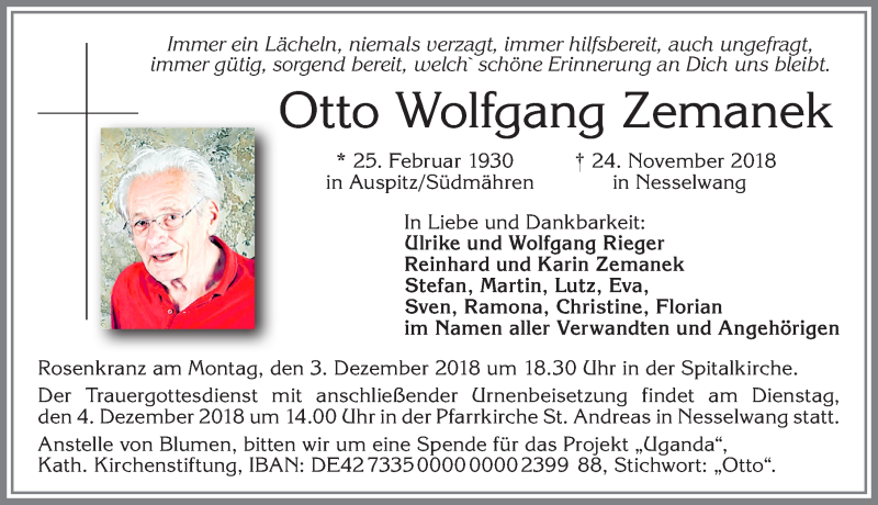  Traueranzeige für Otto Wolfgang Zemanek vom 29.11.2018 aus Allgäuer Zeitung, Füssen