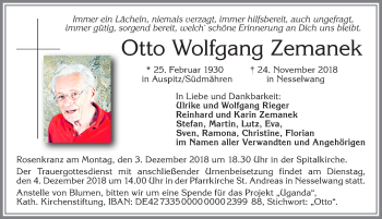Traueranzeige von Otto Wolfgang Zemanek von Allgäuer Zeitung, Füssen
