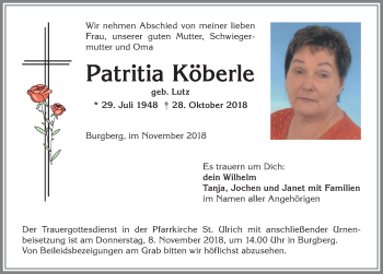 Traueranzeige von Patritia Köberle von Allgäuer Anzeigeblatt