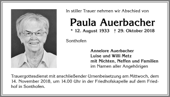 Traueranzeige von Paula Auerbacher von Allgäuer Anzeigeblatt